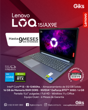 Lenovo LOQ 15IAX9E. Core I5-12450hx. 16gb Ram. 512gb SSD. Nvidia Rtx 3050 6gb. Pantalla de 15.6". Full HD. Windows 11. Office. Color Gris. NUEVO OUTLET