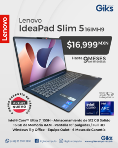 Lenovo IdeaPad Slim 5 16IMH9 | Intel® Core™ Ultra 7 155H | 16 GB RAM | SSD 512 GB | Pantalla de 16"Gráficos Intel® Arc™,Windows 11,Microsoft Office-NUEVO OUTLET