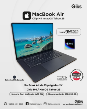 Macbook Air Pantalla de 15 pulgadas con resolución 2K,. Chip M4.16 GB RAM | SSD 256 GB | Azul Medianoche. Sistema operativo macOS Tahoe 26- NUEVO OUTLET
