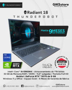 Thunderobot Radiant 16. Intel Core I9-13900hx. 32GB RAM. 1tb SSD. Nvidia RTX 5070 8gb. Pantalla 16". Windows 11. Office. Teclado Ingles Iluminado- NUEVO OUTLET