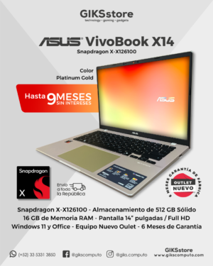 ASUS VivoBook X14- Snapdragon X X1-26100| 16 GB RAM| 512 GB SSD Pantalla de 14 pulgadas Full HD (1920 × 1080)Sistema Operativo: Windows 11 Home.- NUEVO OUTLET