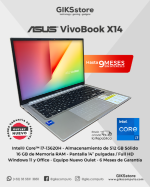 ASUS VivoBook X14 – Intel Core i7-13620H | 16 GB RAM | 512 GB SSD Pantalla de 14 pulgadas Full HD (1920 × 1080) Sistema Operativo: Windows 11 Home.Microsoft Office incluido- NUEVO OUTLET