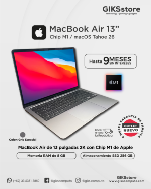 Apple Macbook Air 13. Pantalla de 13"  2K. 2020. Chip M1. 256 Gb Ssd. 8 Gb Ram. Sistema macOS Tahoe 26. Color Gris Espacial. NUEVO OUTLET