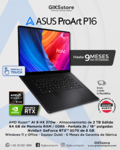 𝗔𝗦𝗨𝗦 𝗣𝗿𝗼𝗔𝗿𝘁 𝗣𝟭𝟲. 𝗥𝘆𝘇𝗲𝗻 𝗔𝗜 𝟵 𝗛𝗫 𝟯𝟳𝟬. 𝟲𝟰𝗚𝗕 𝗥𝗔𝗠. 𝟮𝗧𝗕 𝗦𝗦𝗗. 𝗥𝗧𝗫 𝟱𝟬𝟳𝟬 𝟴𝗚𝗕. Pantalla 16" TOUCH. Nuevo Outlet