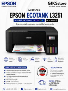 Epson EcoTank L3251 – Impresora Multifuncional a Color con Wi-Fi. Nuevo outlet.