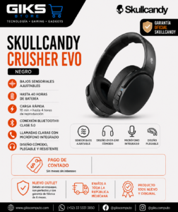 Audifonos SKULLCANDY Crusher Evo - Color Negro. Bluethoot y Carga rapida.