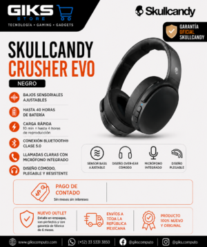 Audifonos SKULLCANDY Crusher Evo - Color Negro. Bluethoot y Carga rapida.
