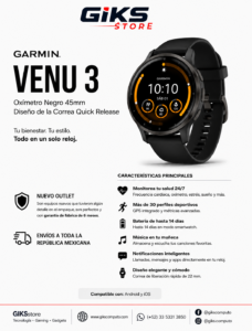 Reloj GARMIN VENU 3 - Con Oximetro. Color Negro. 45 mm
