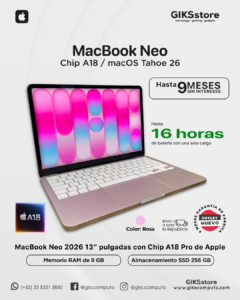 MacBook Neo 13” 2026 con Chip A18 Pro – 8GB RAM, 256GB SSD y hasta 16 horas de batería. Nuevo outlet.