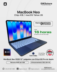 MacBook Neo 2026 13” – Chip A18 Pro de Apple, 8GB RAM, 256GB SSD – Color Índigo. Nuevo outlet.