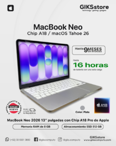 MacBook Neo 2026 13" | Chip A18 Pro | 8 GB RAM | SSD de 512 GB | Color Plata
