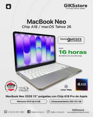 MacBook Neo 2026 13" | Chip A18 Pro | 8 GB RAM | SSD de 512 GB | Color Plata