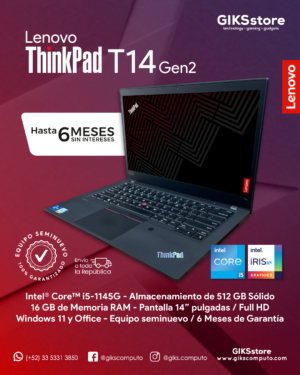 Lenovo ThinkPad T14 Gen 2. Core i5-11va. 16 GB RAM. 512 GB SSD. Pantalla 14´´ Full HD. Semi Nuevo Premium