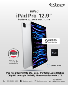iPad Pro. Pantalla liquid retina de 12.9”. 6ta generacion. 2TB. Wi-Fi. Color Plata. Nuevo Outlet.