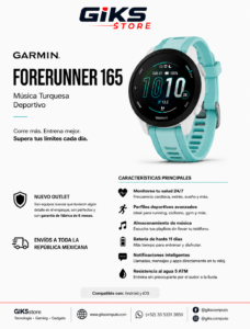 Reloj Garming FORERUNNER 165 - Color turquesa. Musica integrada. llamadas, mensajes y apps directamente en tu reloj.