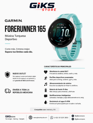 Reloj Garming FORERUNNER 165 - Color turquesa. Musica integrada. llamadas, mensajes y apps directamente en tu reloj.