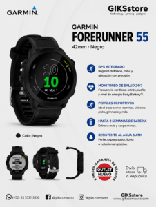 Garmin Forerunner 55 - 42mm. Color negro. GPS integrado. Monitoreo de salud 24/7