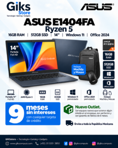 ASUS E1404FA Ryzen 5, 16GB RAM, 512GB SSD, 14” Full HD, Windows 11, Office 2024 + Mochila y Mouse. Nuevo outlet.