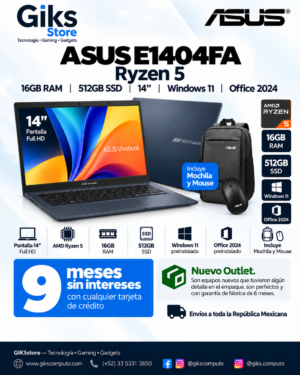 ASUS E1404FA Ryzen 5, 16GB RAM, 512GB SSD, 14” Full HD, Windows 11, Office 2024 + Mochila y Mouse. Nuevo outlet.
