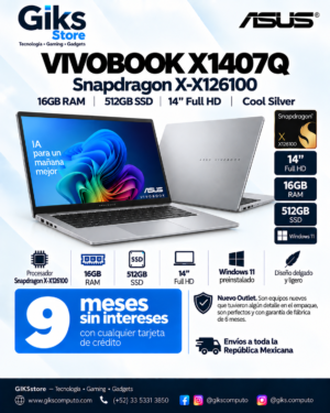 ASUS Vivobook X1407Q – Snapdragon X-X126100, 16GB RAM, 512GB SSD, 14” Full HD, Cool Silver