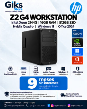 HP Z2 G4 Workstation – Intel Xeon 2144G, 16GB RAM, 512GB SSD, NVIDIA Quadro, Windows 11 y Office 2024