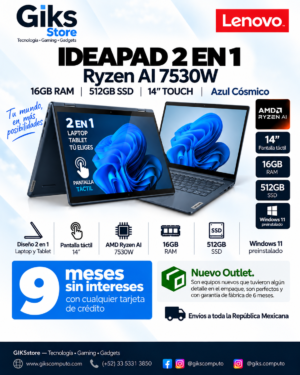 Lenovo IdeaPad 2 en 1 Ryzen AI 7530U, 16GB RAM, 512GB SSD, 14” Touch, Azul Cósmico